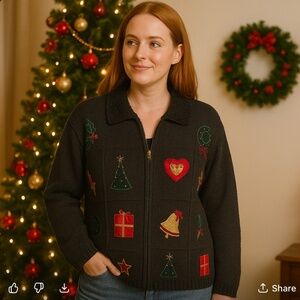 VTG 90s Croft & Barrow Embroidered Christmas Cardigan L Hand Knit Bead Bell Ugly